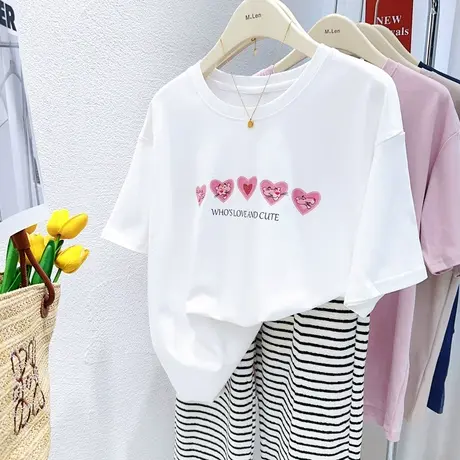 ins港风爱心卡通纯棉短袖上衣夏季新款韩国东大门宽松半袖T恤显瘦图片
