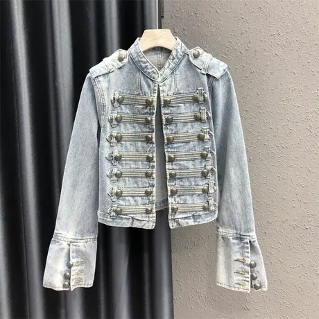 欧洲站个性纽扣设计感牛仔夹克外套女23秋季新款时尚显瘦长袖上衣图片