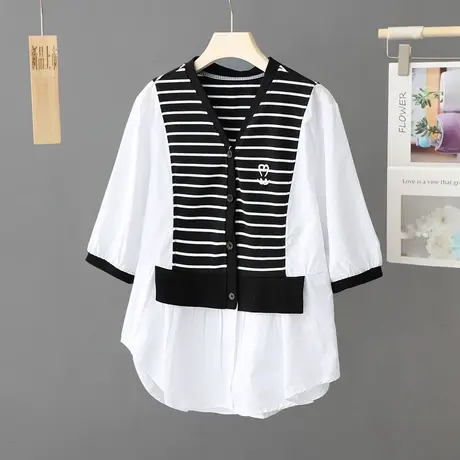 2023夏季新款韩版宽松白色衬衫女短袖纯棉条纹拼接衬衣设计感上衣图片