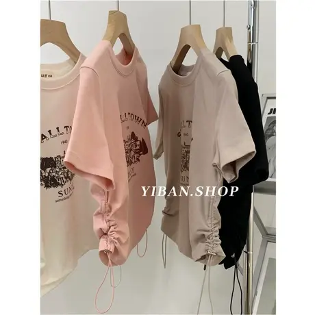 辣妹褶皱收腰显瘦印花短袖T恤女设计感正肩圆领休闲短款别致上衣商品大图