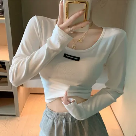 短款打底衫女春秋季韩版修身显瘦百搭内搭辣妹上衣白色高腰上衣潮商品大图