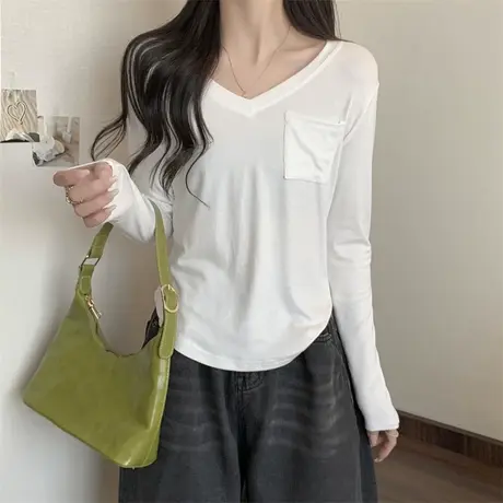 洋气减龄V领长袖T恤女德绒磨毛百搭修身显瘦秋装内搭打底衫上衣潮商品大图
