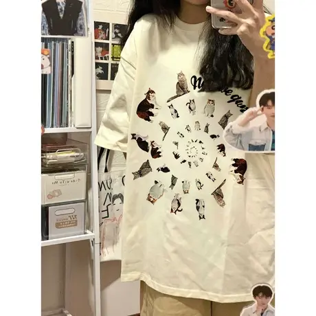 纯棉重磅设计感猫咪短袖t恤女夏季新款小众宽松半袖小个子上衣ins商品大图