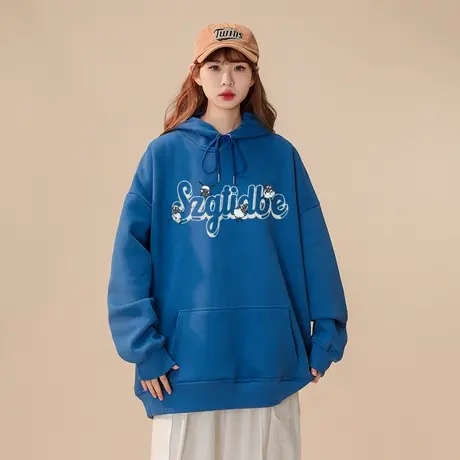 oversize原创字母印花连帽卫衣女秋冬加绒加厚潮牌设计感宽松外套商品大图