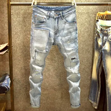 浅色设计师潮牌牛仔裤男潮流时尚修身裤子春秋款个性双口袋小脚裤商品大图