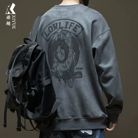 希越麂皮绒圆领卫衣男秋季宽松大码380克重磅发泡印花内搭打底衫商品大图