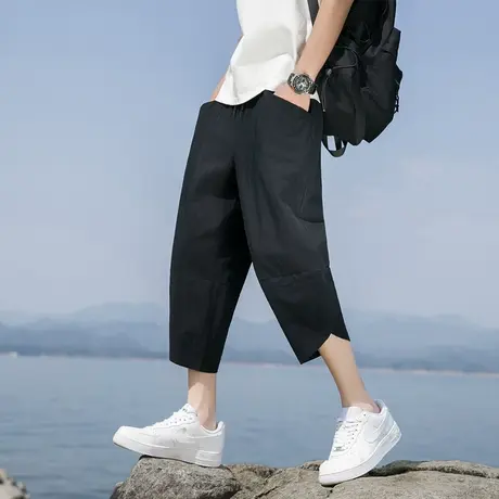 亚麻短裤男大码宽松冰丝裤子薄款夏季休闲裤潮牌透气直筒裤七分裤商品大图