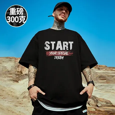夏季新款字母纯棉胖子t恤男生美式重磅复古潮流宽松黑色大码短袖商品大图