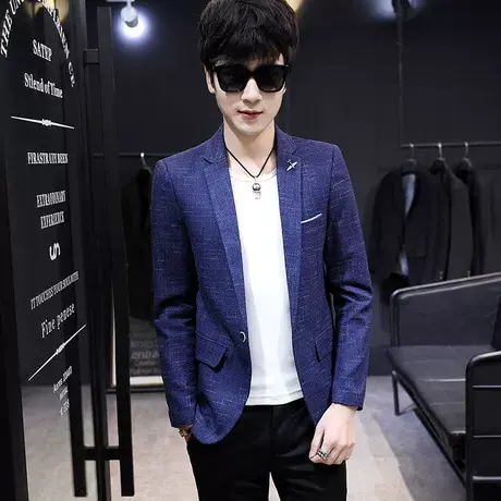 2019春装男士格子小西装韩版修身春季外套男青年潮流西服休闲单西图片