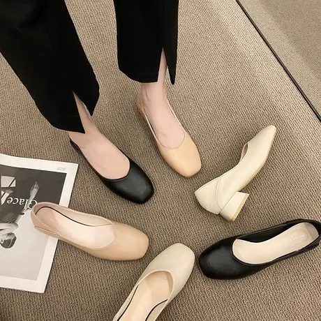 法式气质方头软皮高跟鞋职业工作鞋中跟粗跟仙女夏季单鞋女奶奶鞋图片