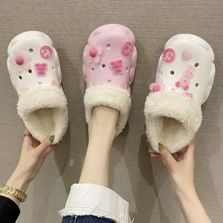 加绒洞洞鞋女秋冬季可爱小熊花朵夜光防滑厚底月子保暖包头棉拖鞋商品大图