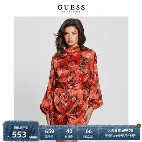 GUESS 女士复古红色系带长袖印花连衣裙-W4RD15WEFC2商品大图