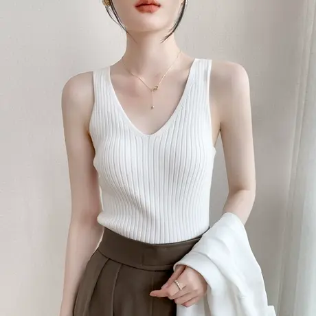 深V领吊带背心女夏季修身显瘦内搭外穿低领纯色坑条冰丝无袖上衣商品大图