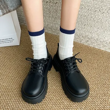 英伦风复古黑色厚底小皮鞋女2024新款春季百搭配裙子圆头粗跟单鞋商品大图