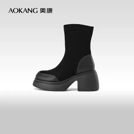 奥康女鞋 2023冬季新款时尚拼接袜靴厚底增高百搭时装靴简约短靴图片