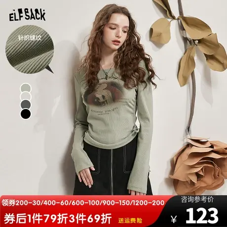 妖精的口袋bm短款正肩t恤女2023秋季新款圆领长袖抽绳印花打底衫商品大图