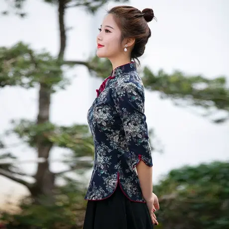 唐装女中国风棉麻上衣修身显瘦纯棉搭配打坐服修行服茶服中式女装图片