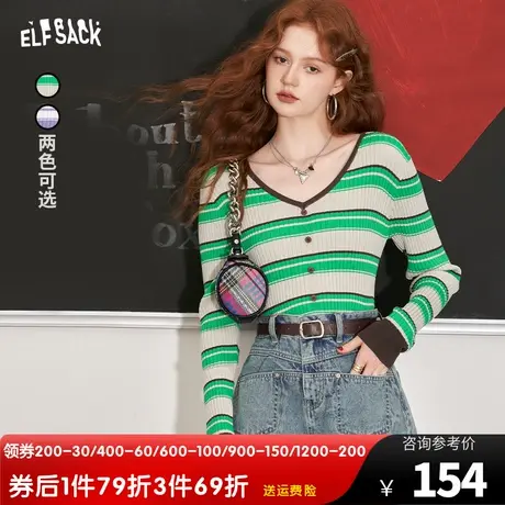 【商场同款】妖精的口袋v领条纹针织衫女2023秋季新款多巴胺罩衫商品大图