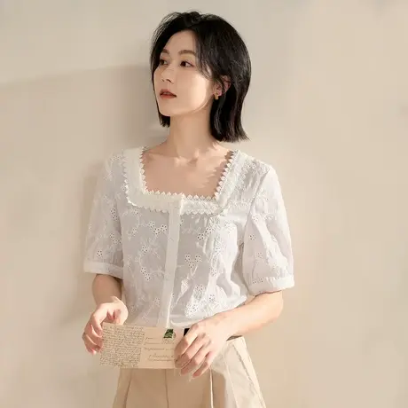 【商场同款】茵曼2023春女装新款时尚法式方领刺绣修身衬衫衬衣图片