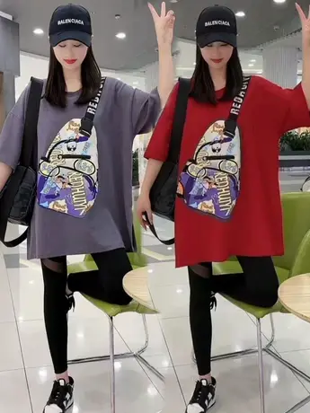 2023新款中长款短袖女夏季宽松大码时尚印花百搭潮流开叉T恤半袖图片