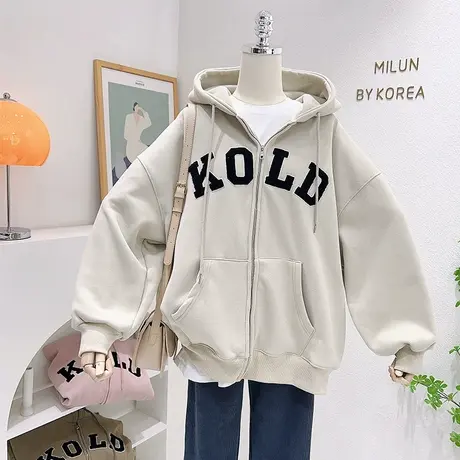22秋冬款连帽外套复古百搭字母摇粒绒卫衣棒球服加绒加厚保暖大码图片