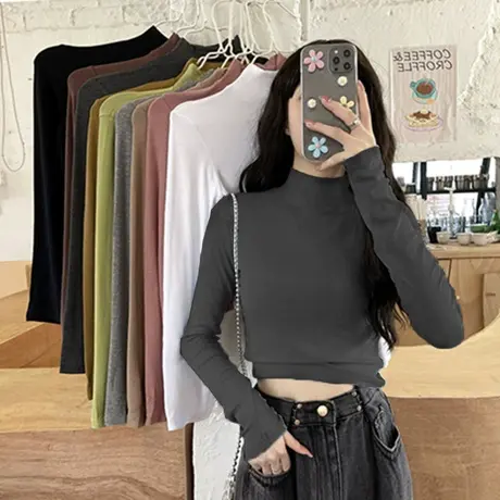 2023年早秋新款春秋冬半高领打底衫内搭纯色长袖t恤女装潮ins上衣商品大图