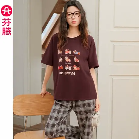 芬腾女士夏季睡衣纯棉短袖长裤薄款可爱夏天凉感大码女家居服套装商品大图