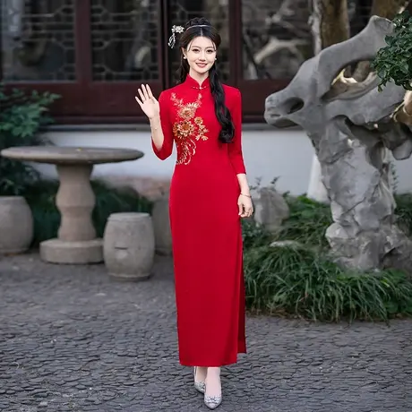 红色敬酒服新娘旗袍2025春秋款结婚七分袖外嫁女回娘家喜婆婆旗袍图片