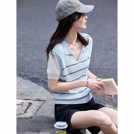 时尚气质休闲薄款简约针织衫女士2025年夏季新品气质条纹上衣图片