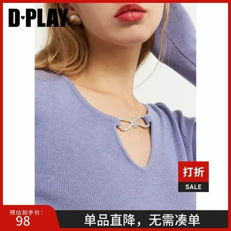 DPLAY德帕拉秋新款灰紫色镂空蝴蝶结修身针织打底衫长袖女士毛衣图片