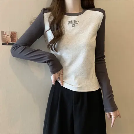 长袖T恤女春秋2023新款修身显瘦撞色拼接短款插肩打底衫内搭上衣商品大图