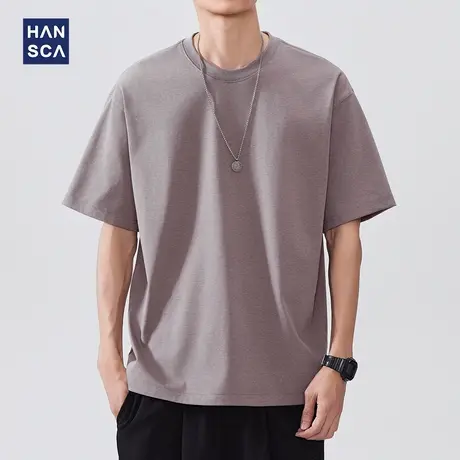 hansca 复古短袖T恤男士怀旧纺盐棉2025夏季透气纯色潮流半袖上衣商品大图