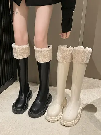小众厚底长筒显瘦骑士靴女2023年新款秋冬季加绒毛毛棉靴雪地靴子图片