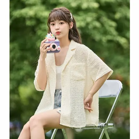 唐狮夏季新款短袖衬衫女粉色格子镂空薄衬衣宽松百搭今年流行图片