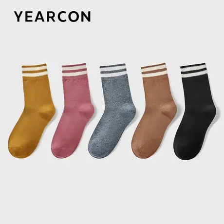YEARCON/意尔康女袜学院风运动休闲中筒袜透气吸汗夏季女士5双装商品大图