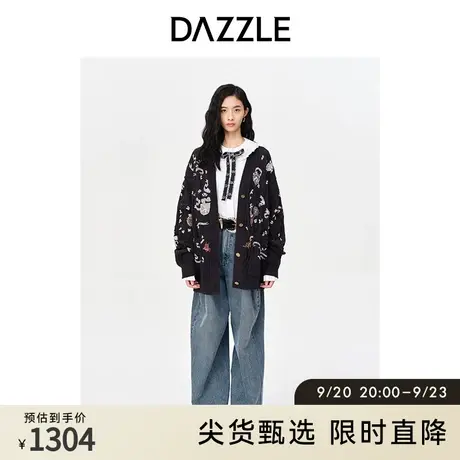DAZZLE地素奥莱秋品黑色宽松慵懒风V领刺绣毛衣开衫外套上衣女图片