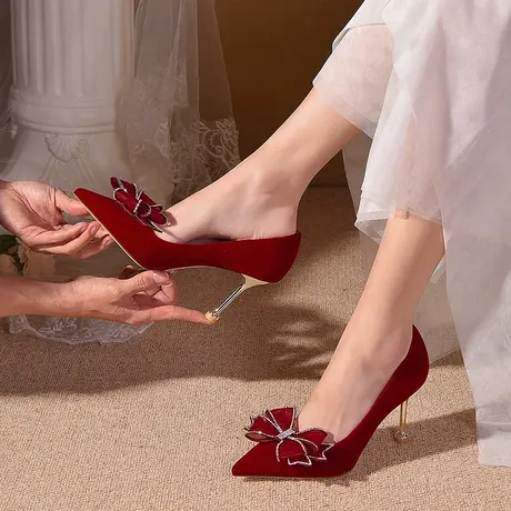 结婚鞋子女新娘鞋中式秀禾服红色高跟鞋细跟不累脚小众高级感商品大图