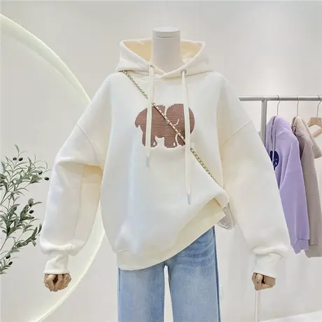 大象刺绣加绒连帽卫衣女复古百搭慵懒风秋冬新款保暖套头上衣外套商品大图
