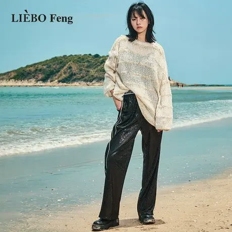裂帛LIEBOFeng设计师品牌2023年ABG亮片黑色百搭松紧腰长裤阔腿裤商品大图