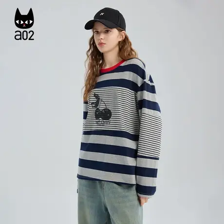 a02宽松圆领条纹长袖T恤女2025新款秋季设计感上衣通勤穿搭商品大图
