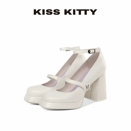 KISSKITTY玛丽珍女鞋2025新款一字扣带粗跟方头白色法式高跟单鞋图片