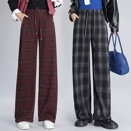 洋气阔腿格子裤女秋冬2025新款松紧腰显瘦羊毛呢直筒裤休闲长裤厚商品大图