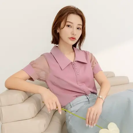 桔熊夏通勤凉爽舒适雪纺衬衫翻领泡泡袖上衣女胖妹妹大码AB18861图片