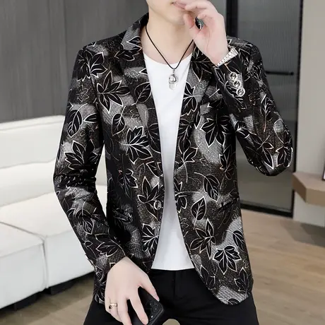 时尚印花单西服外套秋季男士韩版修身烫金小西装个性潮流青年男装商品大图
