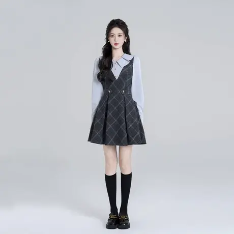 爵莱菲大码法式娃娃领假两件绝美连衣裙秋季小香风千金格子a字裙商品大图