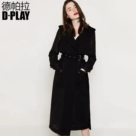 德帕拉夏秋欧美黑色拼接镂空网面铆钉腰带修身长款风衣商品大图