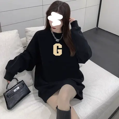 韩版黑色圆领卫衣女2023秋冬季新款宽松大码中长款套头长袖外套潮商品大图