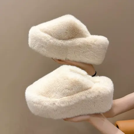 坡跟包头毛毛拖鞋女外穿2023新款秋冬松糕厚底增高小个子加绒棉拖商品大图