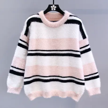 日系穿搭条纹毛衣女秋冬2023新款宽松慵懒学院风中长款针织衫上衣商品大图