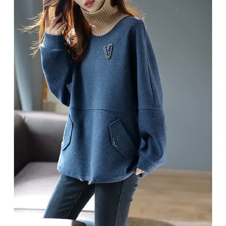 宝诗黎秋冬高领针织拼接毛呢卫衣女新款假两件时尚亮片宽松厚上衣图片